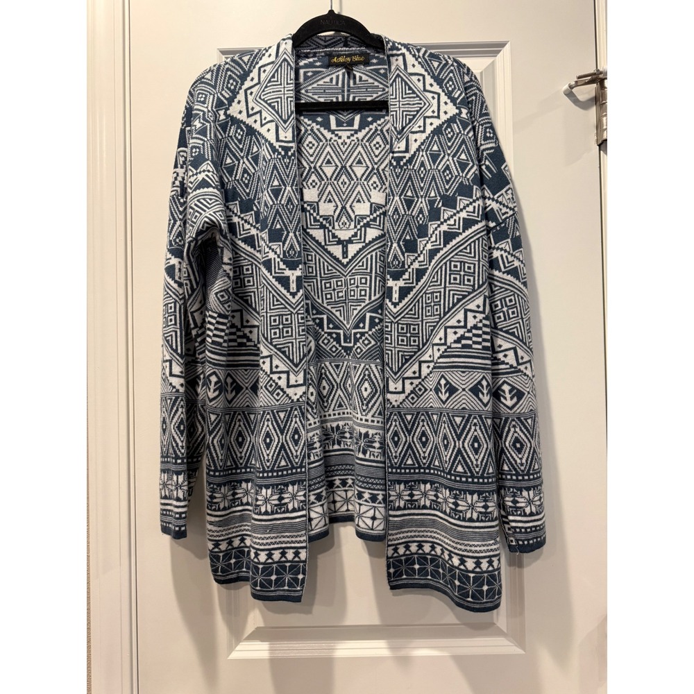 Ashley Blue Tribal Geometric Open Front Cardigan Sweater‎ Blue White XL 5003